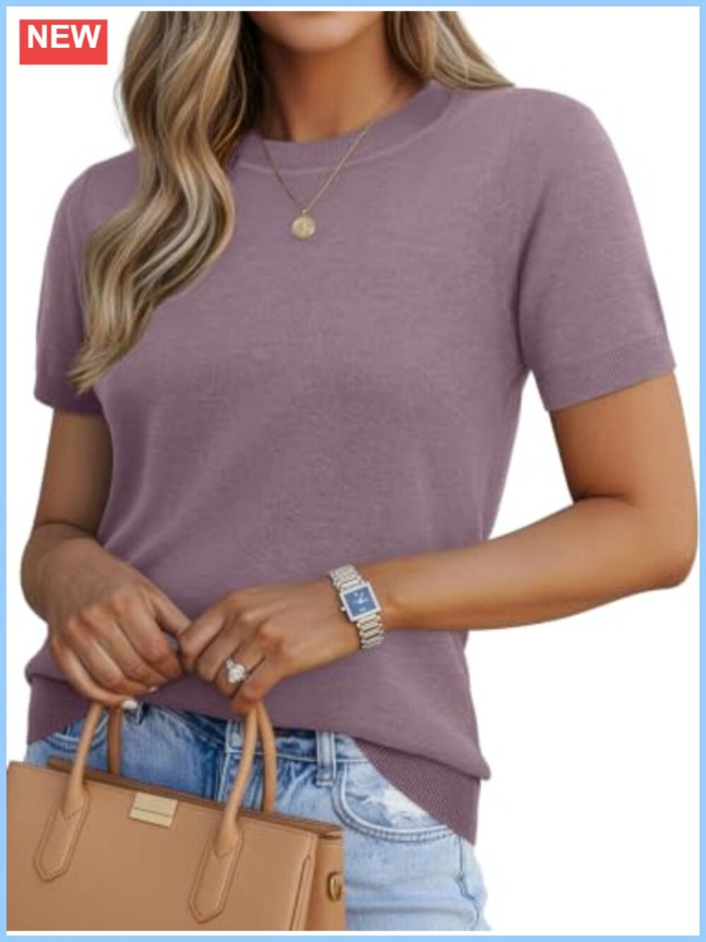 Wool Blend Short Sleeve Sweater Crew Neck Pullover Business Casual Knit Top